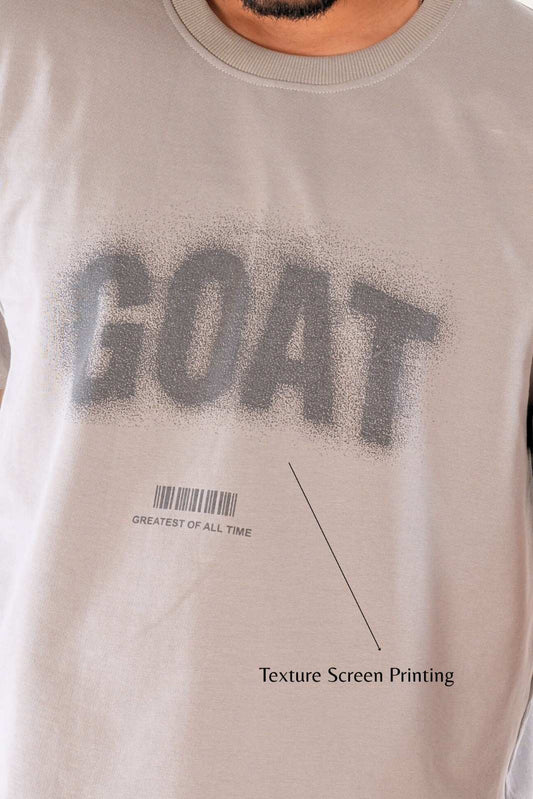GOAT Grey Oversized T-Shirt — Premium textured graphic tee by Berrys & Cigaredes, featuring distressed grainy screen print on heavyweight cotton streetwear fabric.