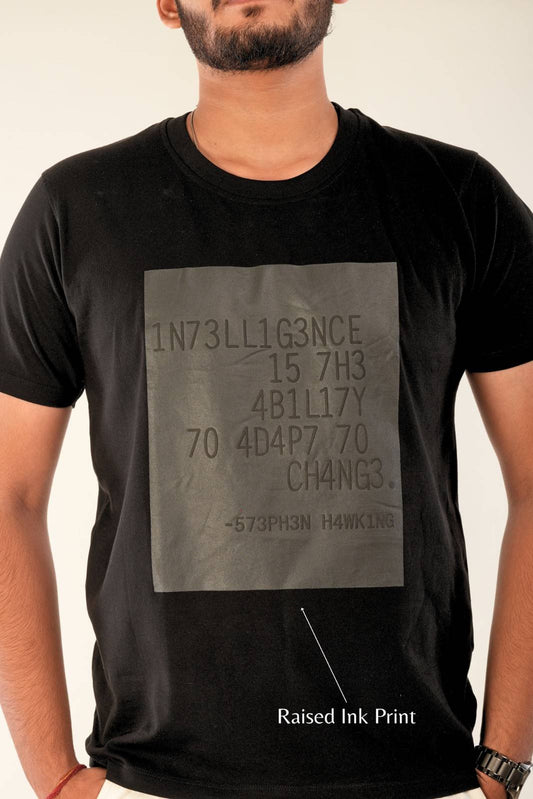 Close-up of raised ink print detail on black graphic t-shirt | Premium cotton fabric with textured typography | Modern streetwear menswear India
