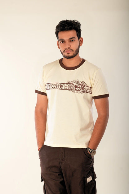 Berrys & Cigaredes men's graphic t-shirt - cream with intricate brown heritage print, regular fit, showcasing premium Indian streetwear with artistic decorative design elements