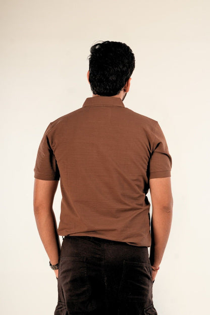Back view of brown textured polo shirt for men showing pique fabric weave and regular fit - Berrys & Cigaredes