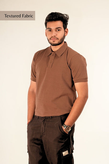 Brown textured pique polo shirt for men with collar buttons, regular fit, premium cotton fabric - Berrys & Cigaredes casual menswear