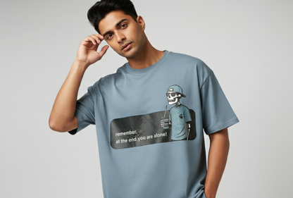 Ice Blue Oversized T-Shirt for Men - 'Remember You Are Alone' Graphic Tee