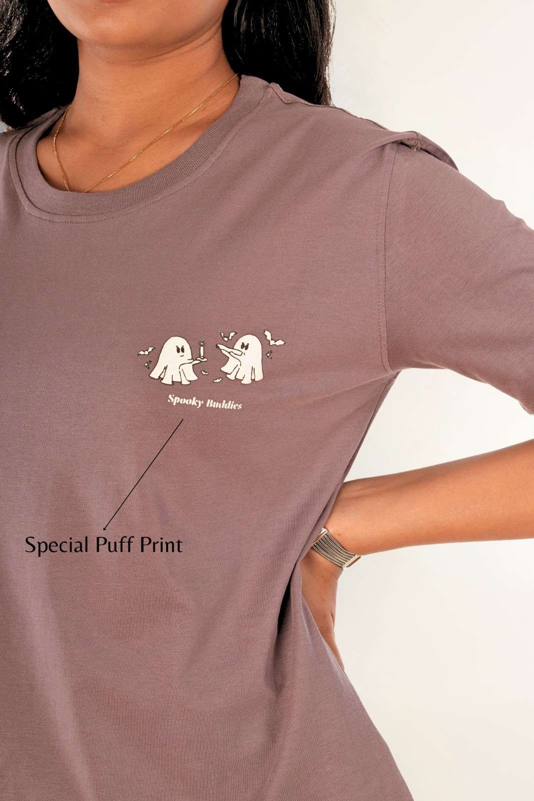 Spooky Buddies ghost print detail on mauve cotton tee | Premium puff print design | Berrys & Cigaredes women's casual wear