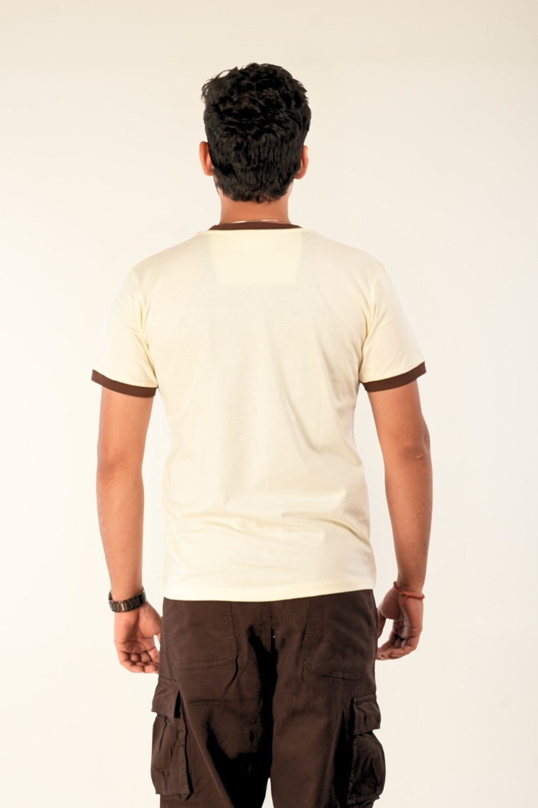 Men's cream ringer t-shirt with brown trim - premium regular fit streetwear from Berrys & Cigaredes, showcasing clean minimalist design and quality craftsmanship