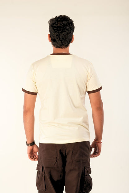 Men's cream ringer t-shirt with brown trim - premium regular fit streetwear from Berrys & Cigaredes, showcasing clean minimalist design and quality craftsmanship