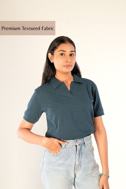 Women's premium dark teal polo | Front view | Textured cotton | Regular fit styling