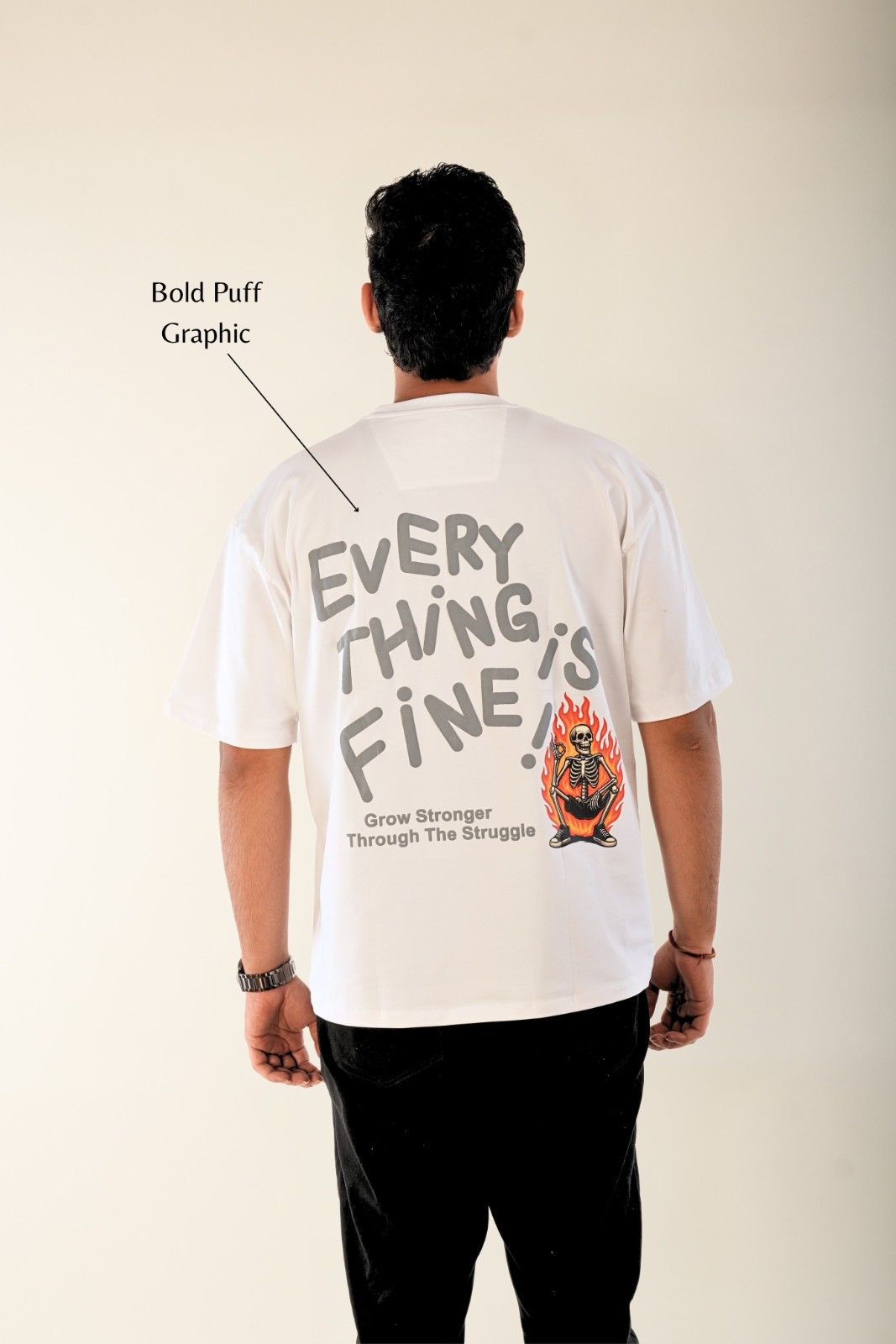 Everything Is Fine bold puff print oversized white t-shirt with skeleton graphic - Berrys & Cigaredes quality streetwear