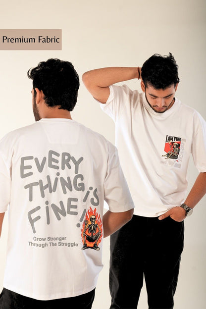 Everything Is Fine oversized white t-shirt with skeleton graphic and puff print design - Berrys & Cigaredes premium streetwear
