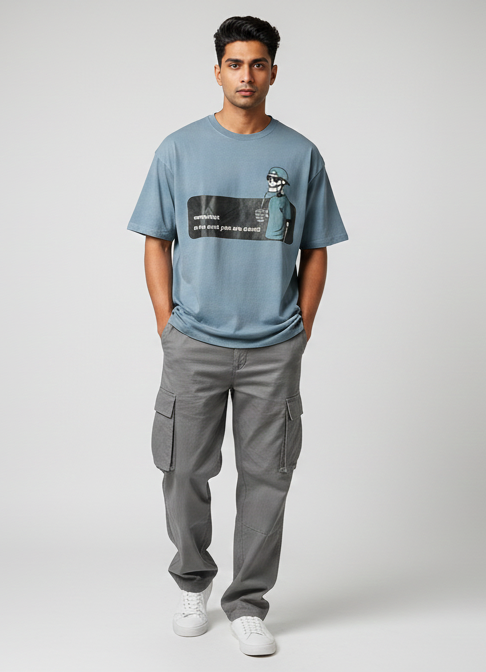 Ice Blue Oversized T-Shirt for Men - 'Remember You Are Alone' Graphic Tee