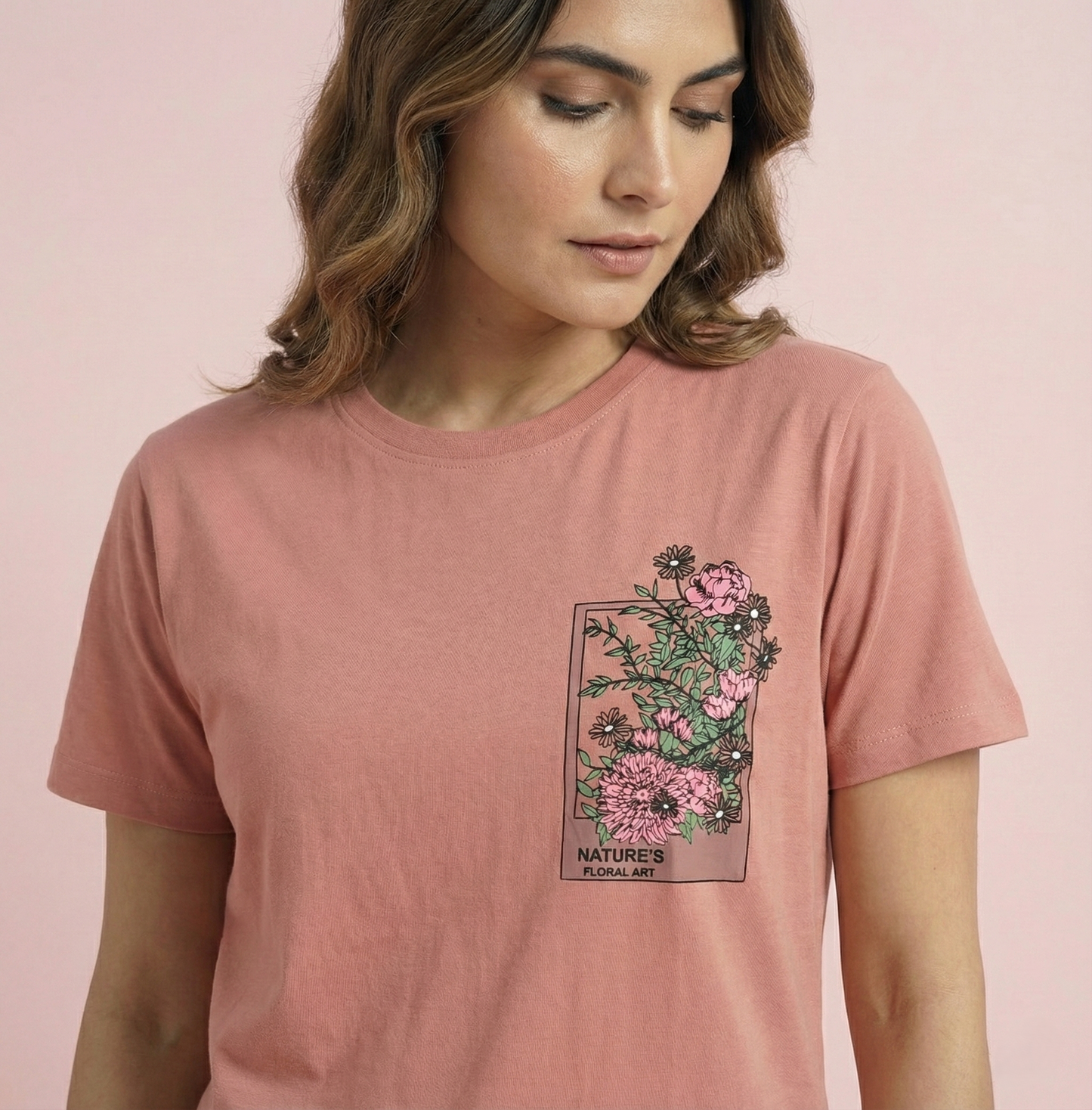 Nature's Floral Art Coral Pink Women's Graphic T-Shirt