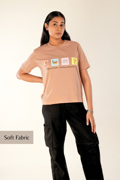Women wearing nude brown retro graphic t-shirt with pastel illustration prints and vintage typography