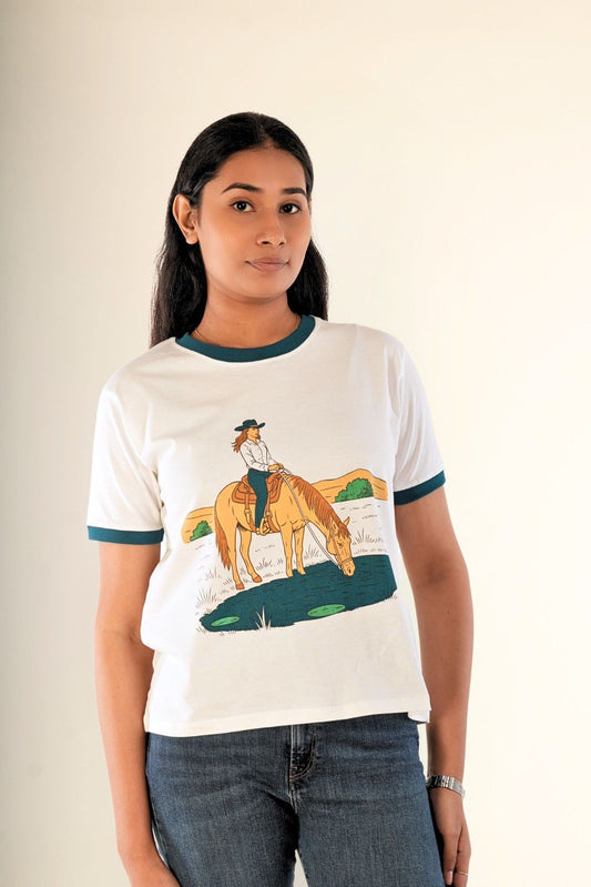 Women’s white tee, close-up retro cowgirl horse graphic, premium streetwear, Berrys & Cigaredes.