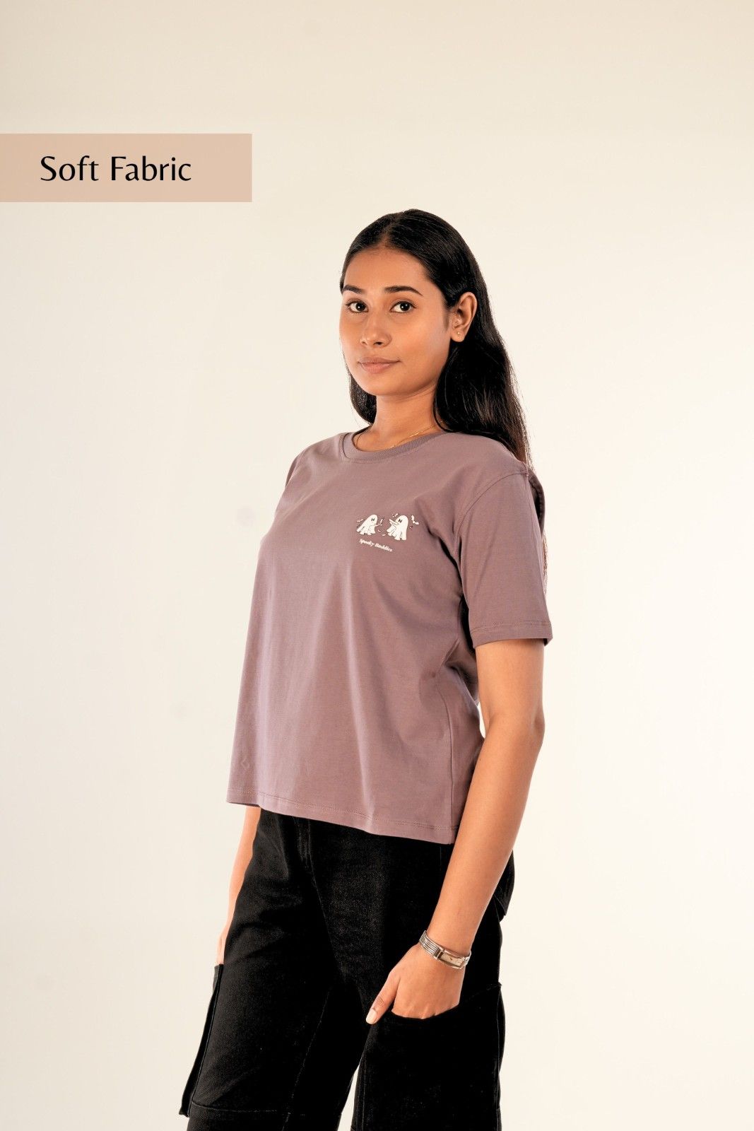 Mauve cotton t-shirt with ghost print for women | Spooky Buddies regular fit tee | Berrys & Cigaredes premium casual streetwear