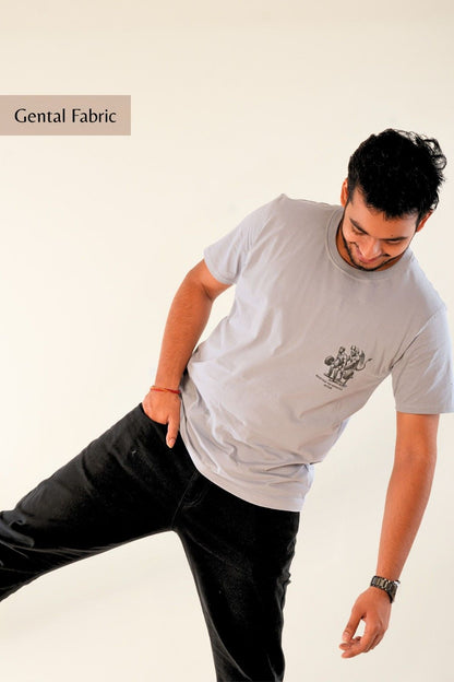 Stone grey regular fit t-shirt with gentle premium cotton fabric | Soft heavy gauge cotton tee featuring screen printed graphic design - comfortable everyday menswear with modern urban aesthetic from Berrys & Cigaredes