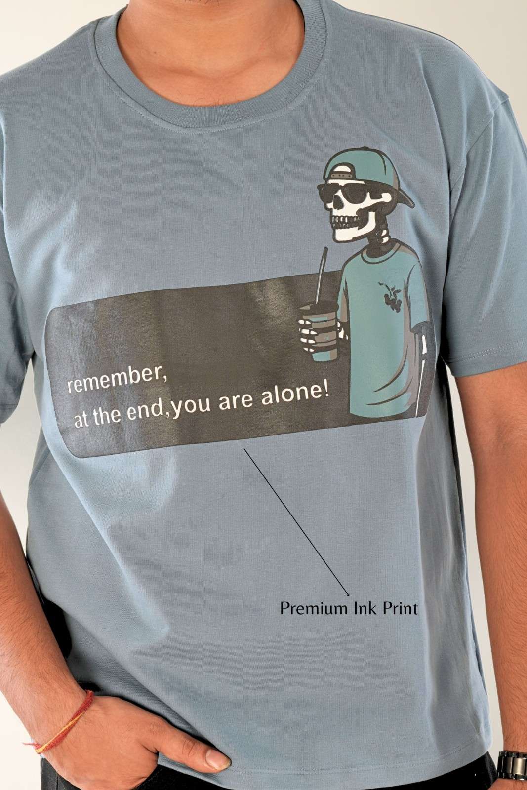 Close-up detail of premium ink print graphic showing artistic design quality on oversized t-shirt - Berrys & Cigaredes premium menswear