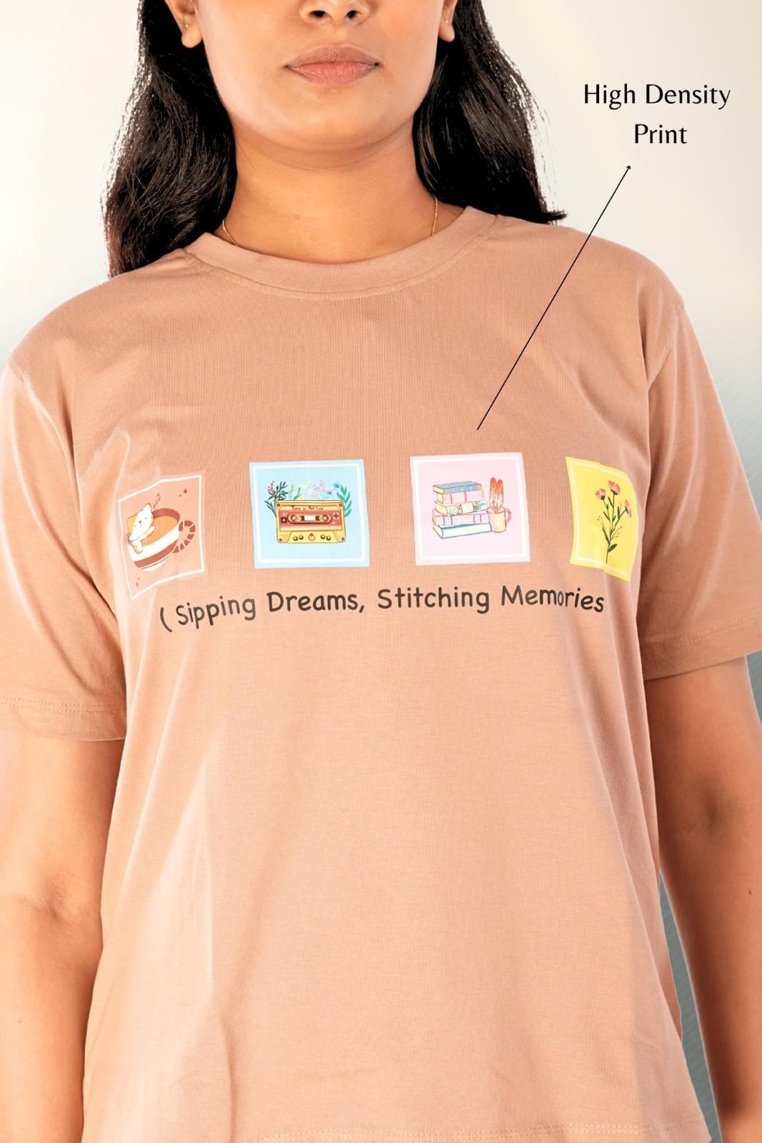 Women's nude brown t-shirt with retro graphic prints: coffee cup, cassette, planter, and wildflower illustrations with 'Sipping Dreams, Stitching Memories' text