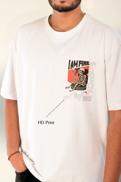 I Am Fine HD print oversized white t-shirt with skeleton graphic - Berrys & Cigaredes premium streetwear