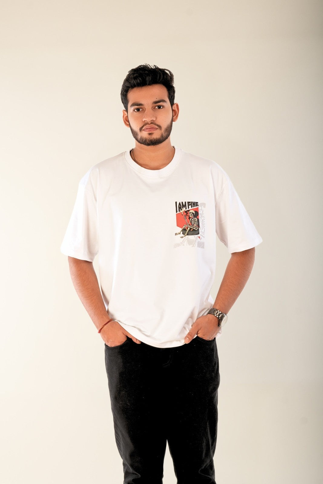 I Am Fine oversized white t-shirt with skeleton chest graphic - Berrys & Cigaredes urban casual wear