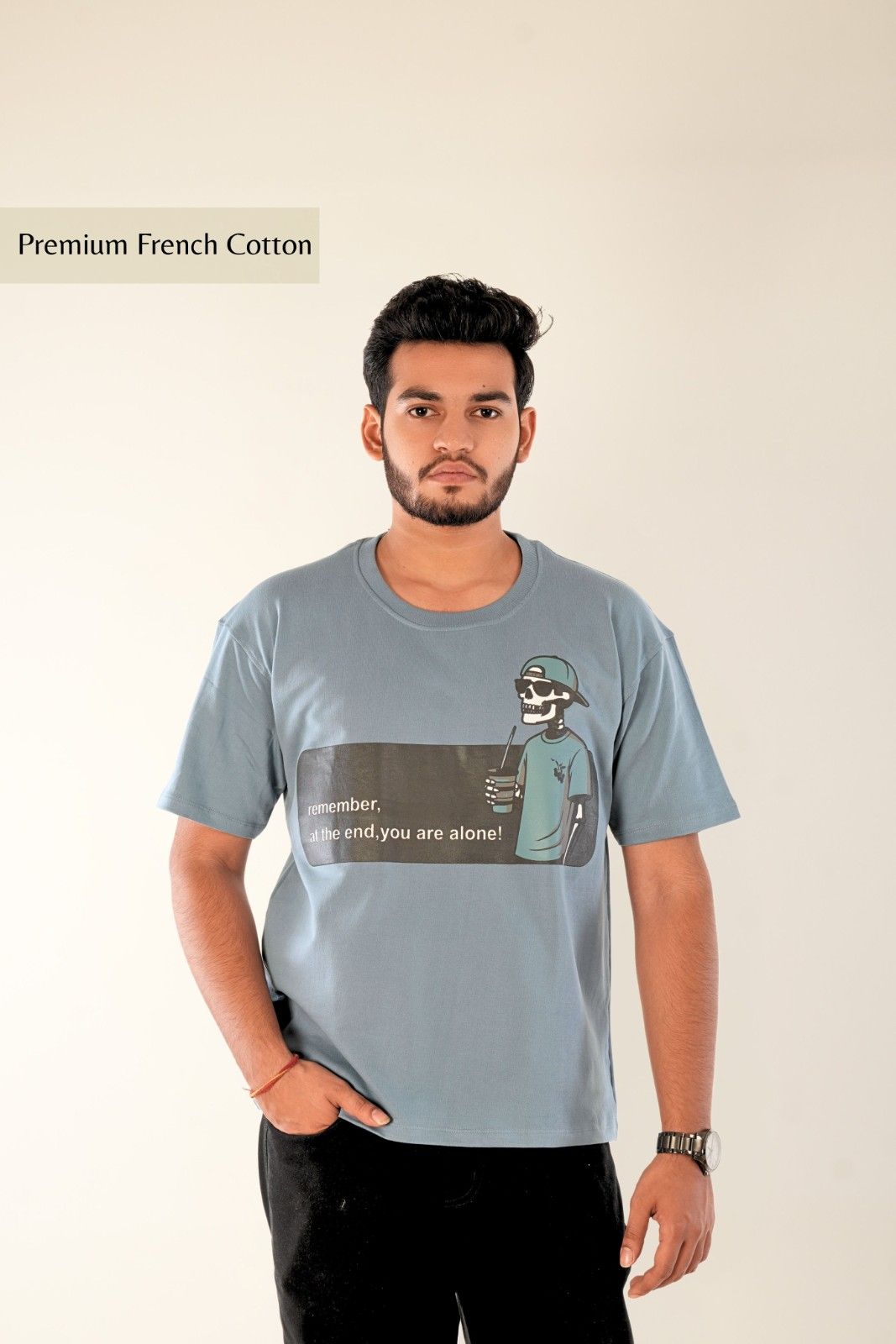 Ice blue oversized graphic t-shirt with 'Remember You Are Alone' artistic print - premium menswear by Berrys & Cigaredes