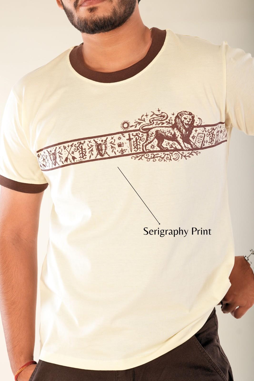 Berrys & Cigaredes premium men's graphic t-shirt - cream base with detailed brown serigraphy lion print and heritage artwork, regular fit, bold artistic streetwear design
