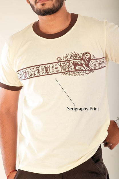 Berrys & Cigaredes premium men's graphic t-shirt - cream base with detailed brown serigraphy lion print and heritage artwork, regular fit, bold artistic streetwear design