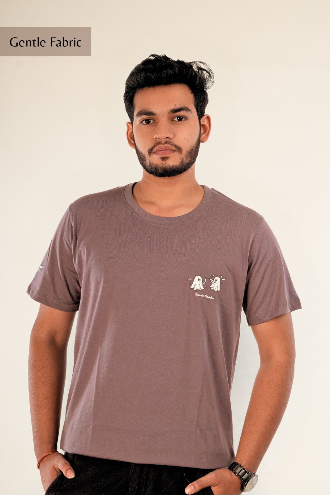 Muted mauve Regularfit t-shirt with playful ghost puff print chest graphic, premium cotton fabric, relaxed fit, modern streetwear style