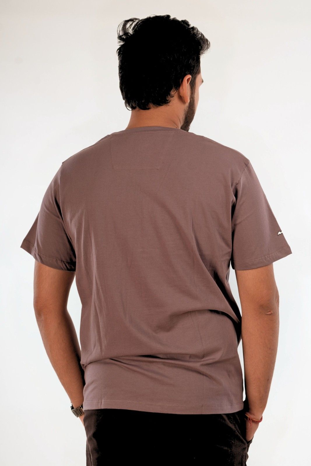 Back view of muted mauve regular fit t-shirt, clean minimalist design, premium cotton fabric, relaxed drop shoulder fit, modern casual wear