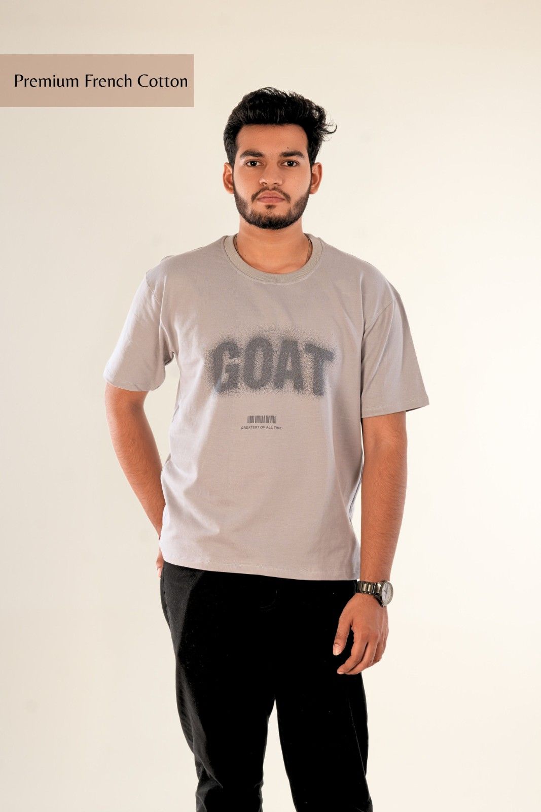 Men's oversized streetwear t-shirt in soft grey with premium French cotton fabric. Features GOAT distressed graphic print and minimalist design by Berrys & Cigaredes.