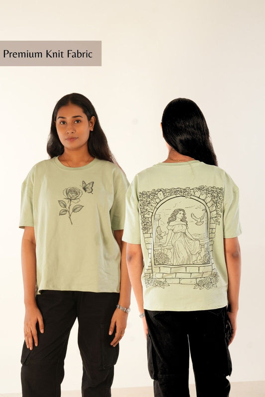Sage green oversized t-shirt women, front rose butterfly art, back signature sketch archway design, premium knit fabric, Indian streetwear brand Berrys & Cigaredes