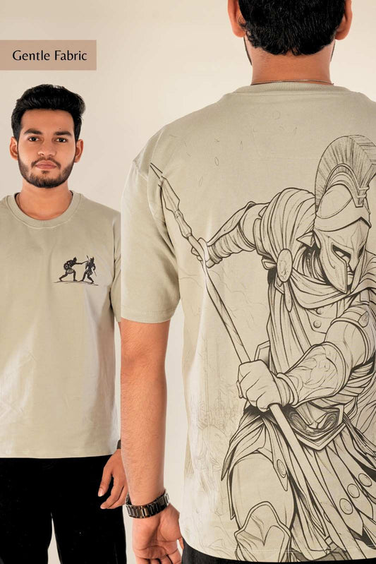 Men's premium oversized t-shirt featuring minimalist warrior graphic on chest and large-scale detailed warrior illustration on full back. Heavy-weight cotton with relaxed drop-shoulder oversized fit. Dual-design artistic piece. Berrys & Cigaredes urban streetwear.

Sage grey oversized t-shirt with minimalist chest and detailed warrior back graphic