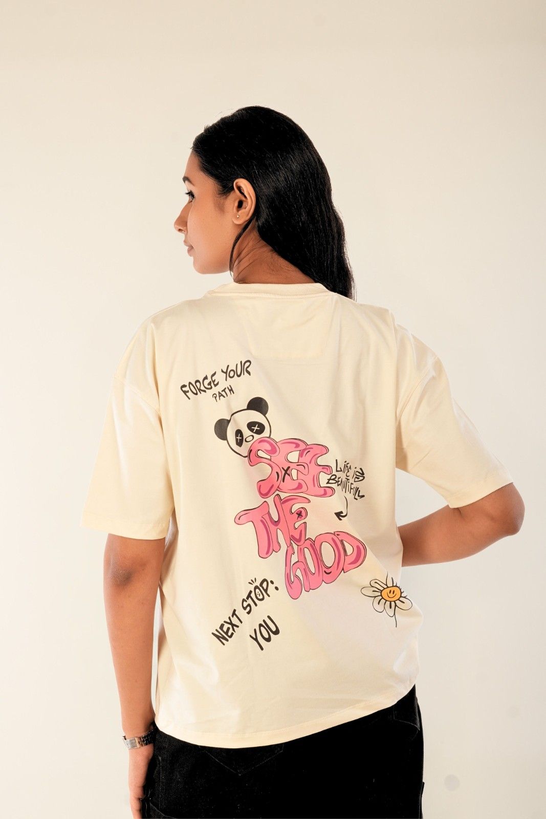 See the Good oversized t-shirt for women in cream with panda and pink graphic back print, soft touch cotton