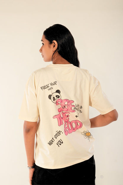 See the Good oversized t-shirt for women in cream with panda and pink graphic back print, soft touch cotton