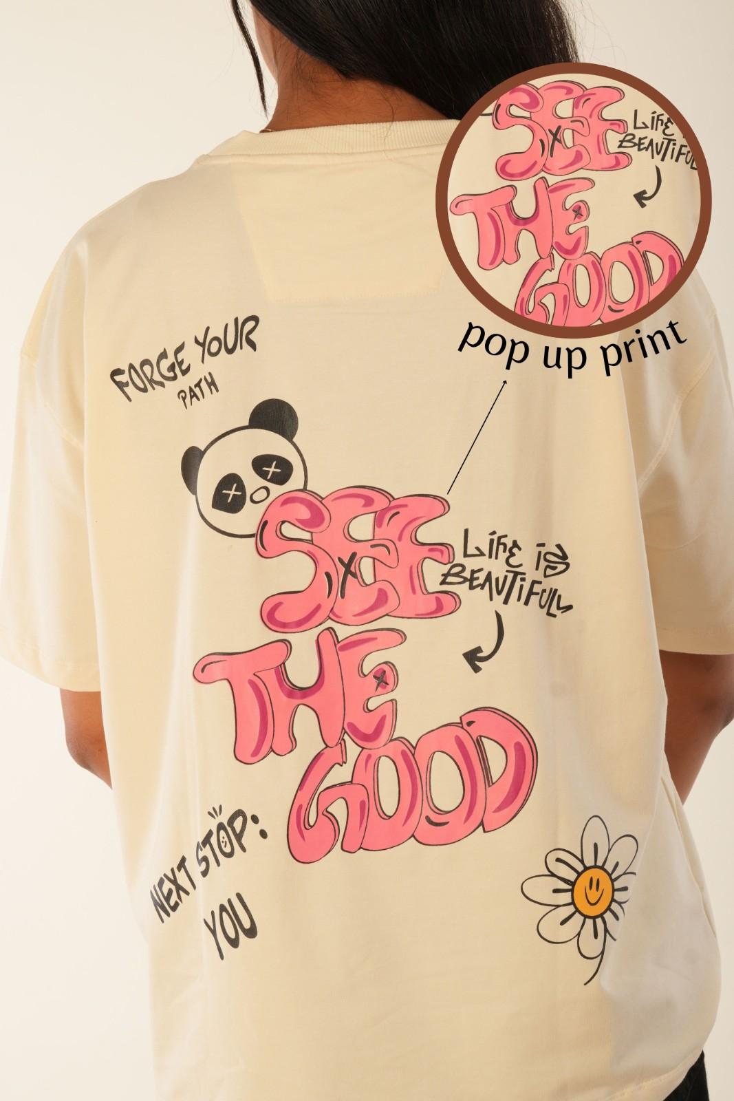 See the Good back print oversized t-shirt with panda illustration and motivational text in puff print, cream women's graphic tee

