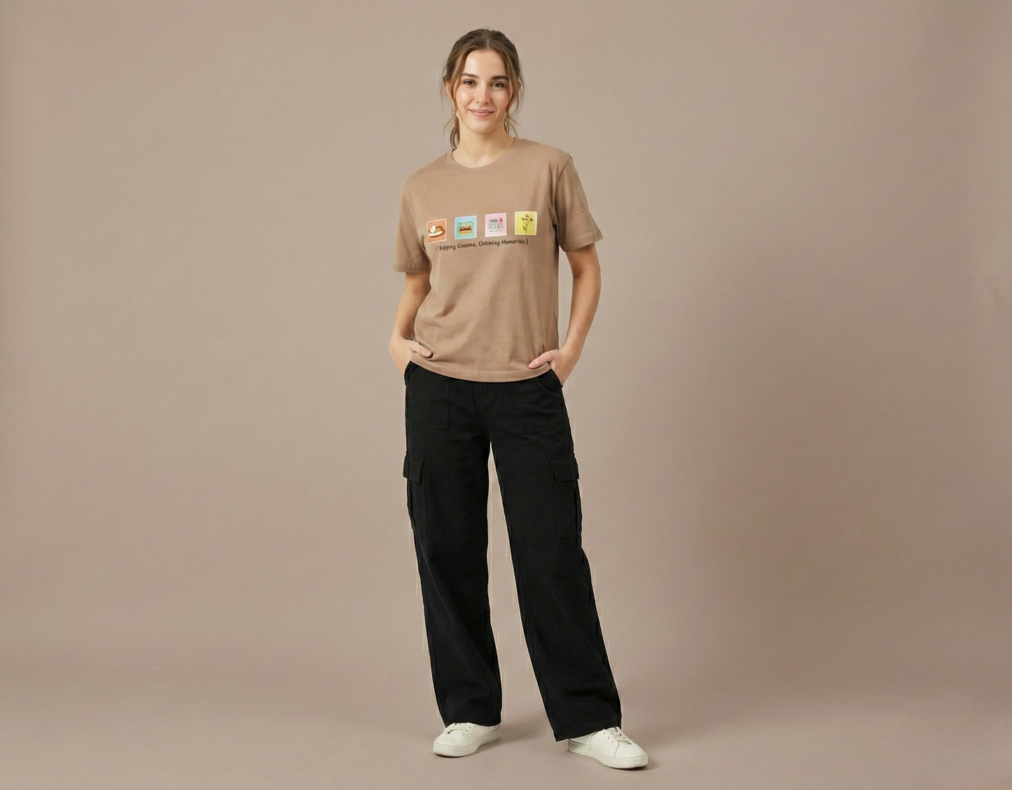 Nude Brown Retro Graphic Women’s T-Shirt – Premium Cotton Casual Tee