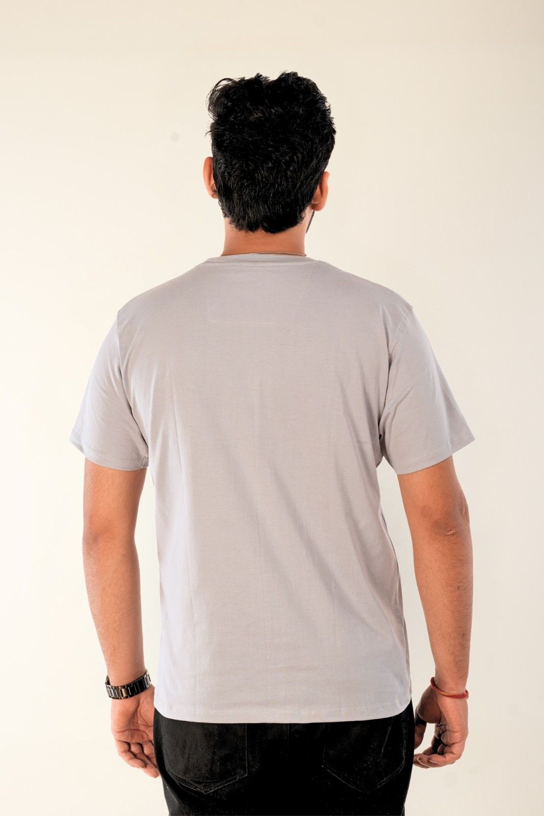 Stone grey regular fit t-shirt back view | Premium cotton crew neck tee with clean design and comfortable fit for men - showcasing quality construction and modern silhouette in everyday streetwear