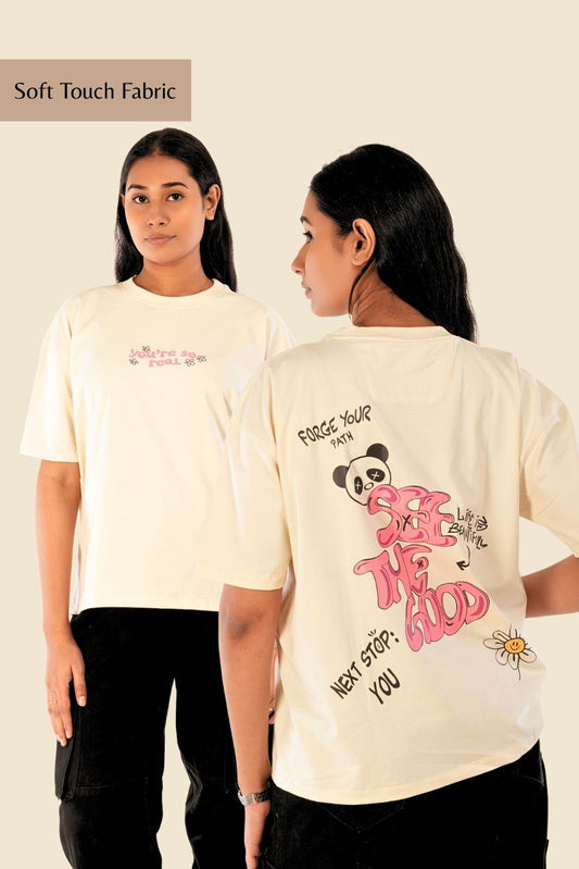 You're So Real oversized t-shirt for women in cream with pink graphic text and flower embellishments, soft touch heavyweight cotton