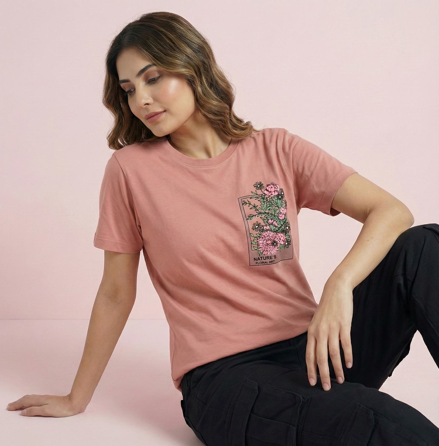 Nature's Floral Art Coral Pink Women's Graphic T-Shirt