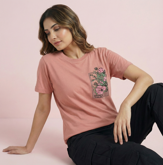 Nature's Floral Art Coral Pink Women's Graphic T-Shirt