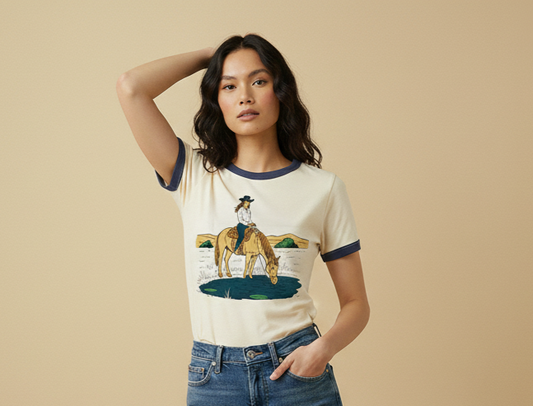 Retro Cowgirl Horse Print T-Shirt for Women - Western Graphic Tee